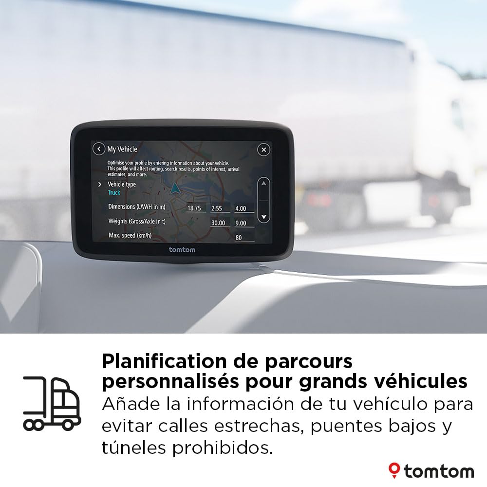 TomTom navegador para camion GO Professional 2.ª generación (con pantalla táctil capacitiva de 5" y mapas de Europa, información de tráfico a tiempo real.Ideal para camiones,buses y vehículos grandes)