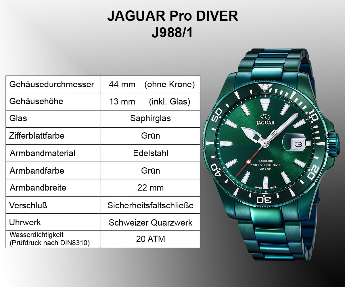 JAGUAR Reloj Hombre J988/1 Executive Caja de Acero Inoxidable 316l Verde Correa de Acero Inoxidable 316l Verde