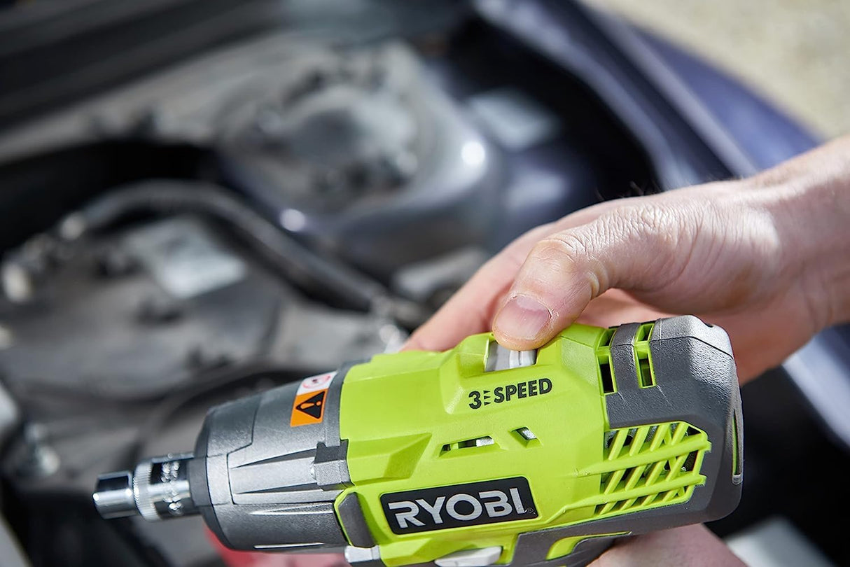 RYOBI - Llave de Impacto Eléctrica Sin Cable 18V ONE+ 3 Modos 180/240/400 Nm - Cuadradillo 1/2", Adaptador Hexagonal 1/4", 3 Llaves de Vaso, 1 Batería Li+ 2,0 Ah, Cargador 2,0 A, Bolsa - R18IW3-120S3