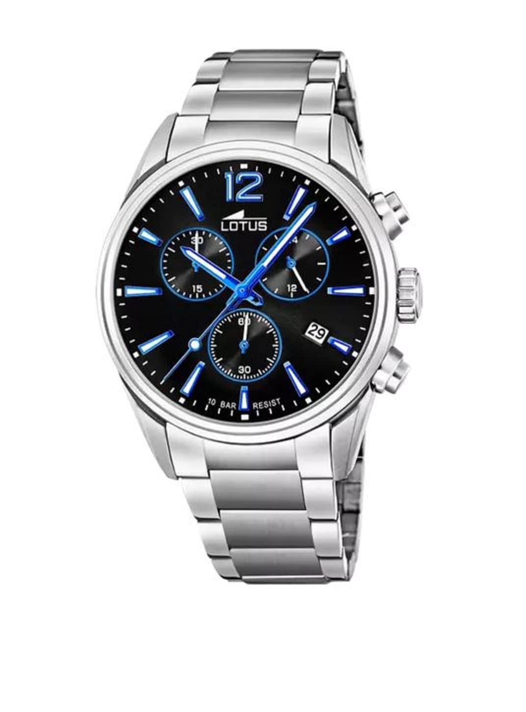 Lotus Reloj de Pulsera para Hombre de Acero Inoxidable en Color Plateado, Negro y Azul, 42 mm, Resistencia al Agua: 10 Bar, 18690/6, Plata-Negro-Azul, Pulsera