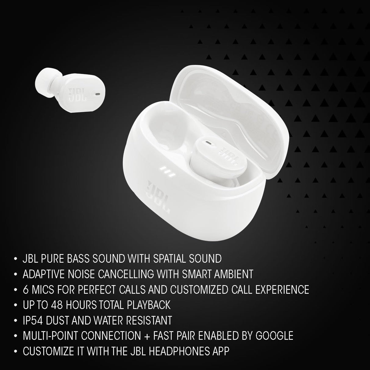 JBL Tune Buds 2, Auriculares inalámbricos con cancelación de Ruido. 48 hrs de autonomía, IP54 Resistentes al Agua y al Polvo, conexión multipunto, diseño ergonómico e intraural Cerrado, Blanco