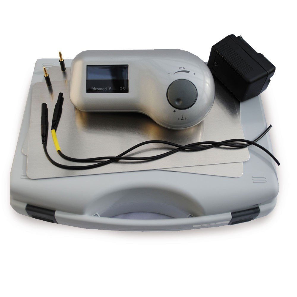 Idromed, Equipo para hiperhidrosis, 5Ps, Dos electrodos de aluminio, Para manos y pies, 2 rejillas de seguridad, Maletín de transporte, Aparato de iontoforesis, Previene la sudoración excesiva