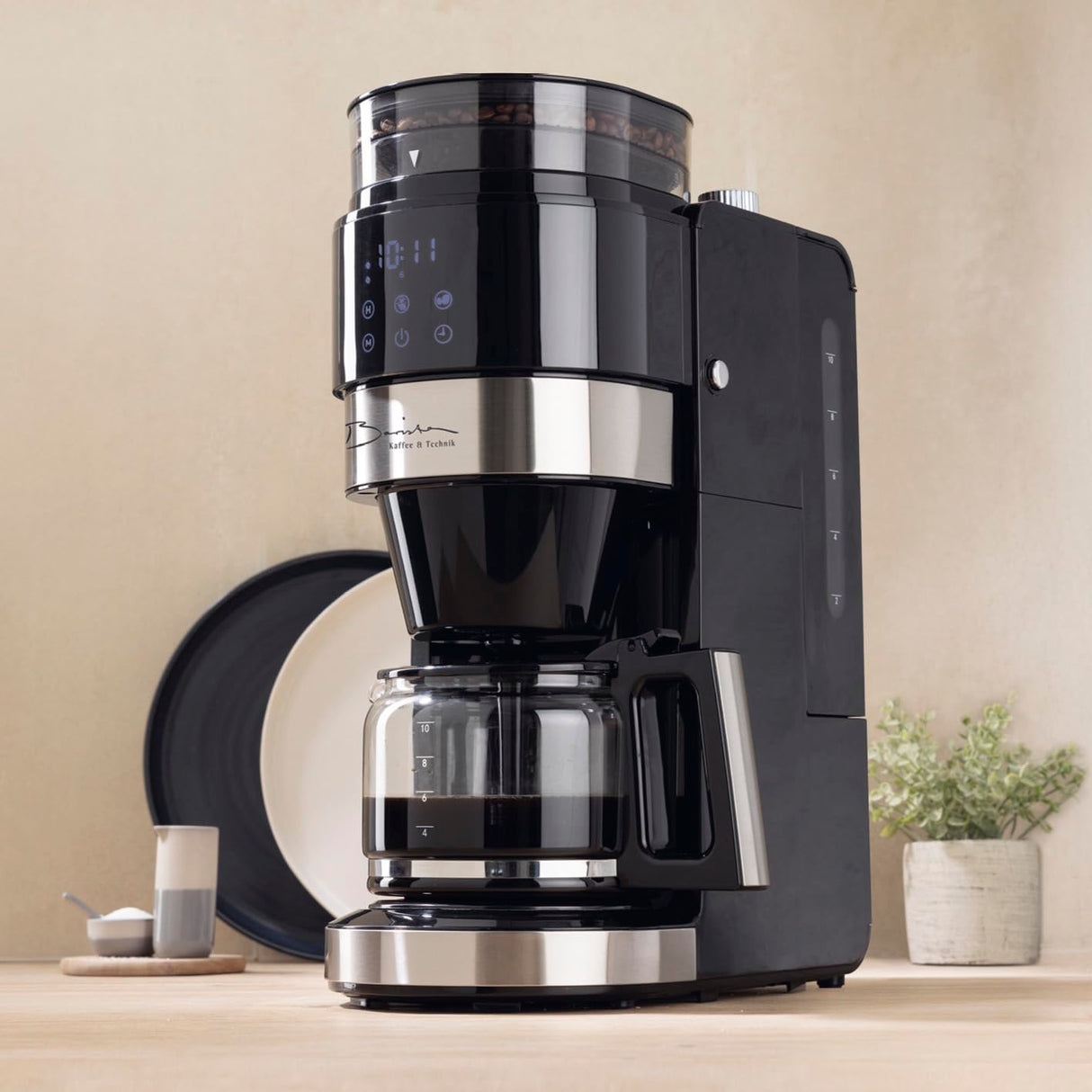 Barista Cafetera con molinillo | Cafetera de filtro con jarra de cristal | Máquina de filtro de 900 W con pantalla táctil y función de temporizador para hasta 10 tazas | Cafetera de 1,25 litros | Para
