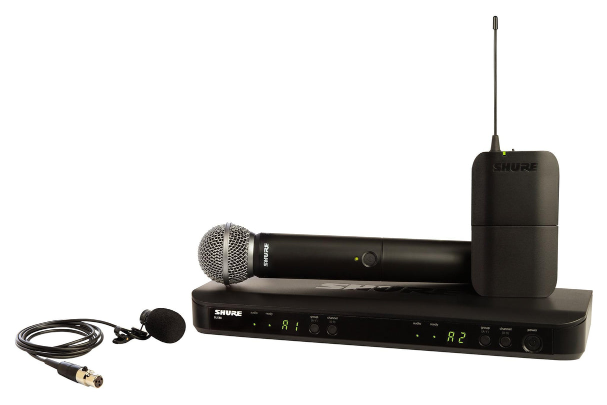 Micrófono inalámbrico Shure BLX1288/W85 con batería de 14 horas, alcance de 100m y micrófonos de mano y solapa, receptor de doble canal - Adecuado para iglesias, karaoke, escenarios y voces - Banda S8