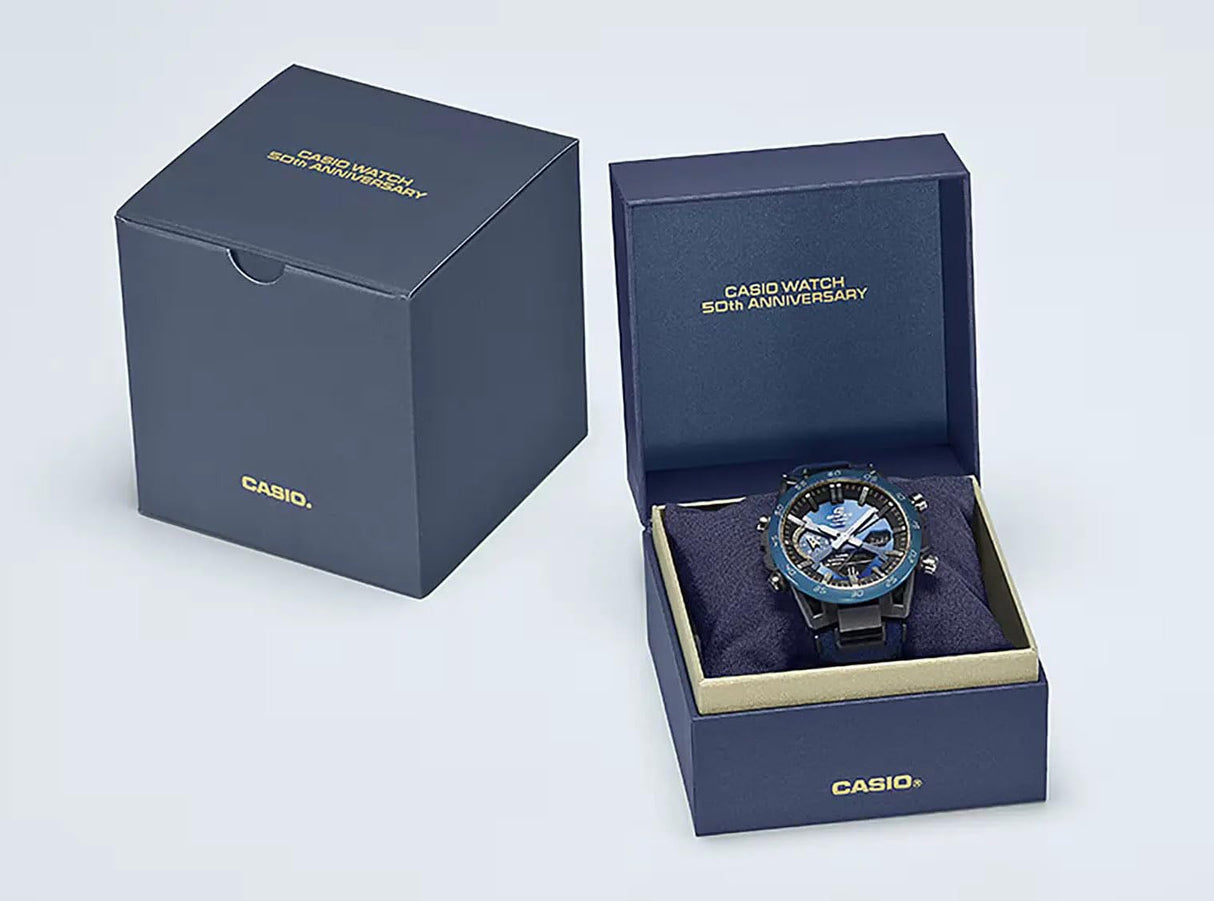 Casio Edifice Suspension Limited Edition 50th Anniversary Men's Watch Black and Blue Background ECB-2000SS-2AER
