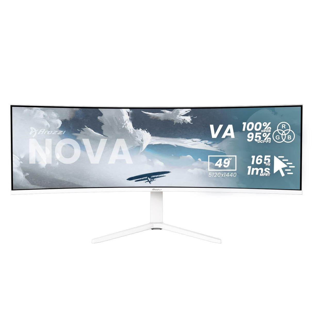 Arozzi Nova 49" Monitor Gaming Curvo VA DQHD 5120×1440, 165 Hz, 1 ms, FreeSync, HDR, USB-C 65W, Ultrapanorámico, Altavoces Integrados – Blanco
