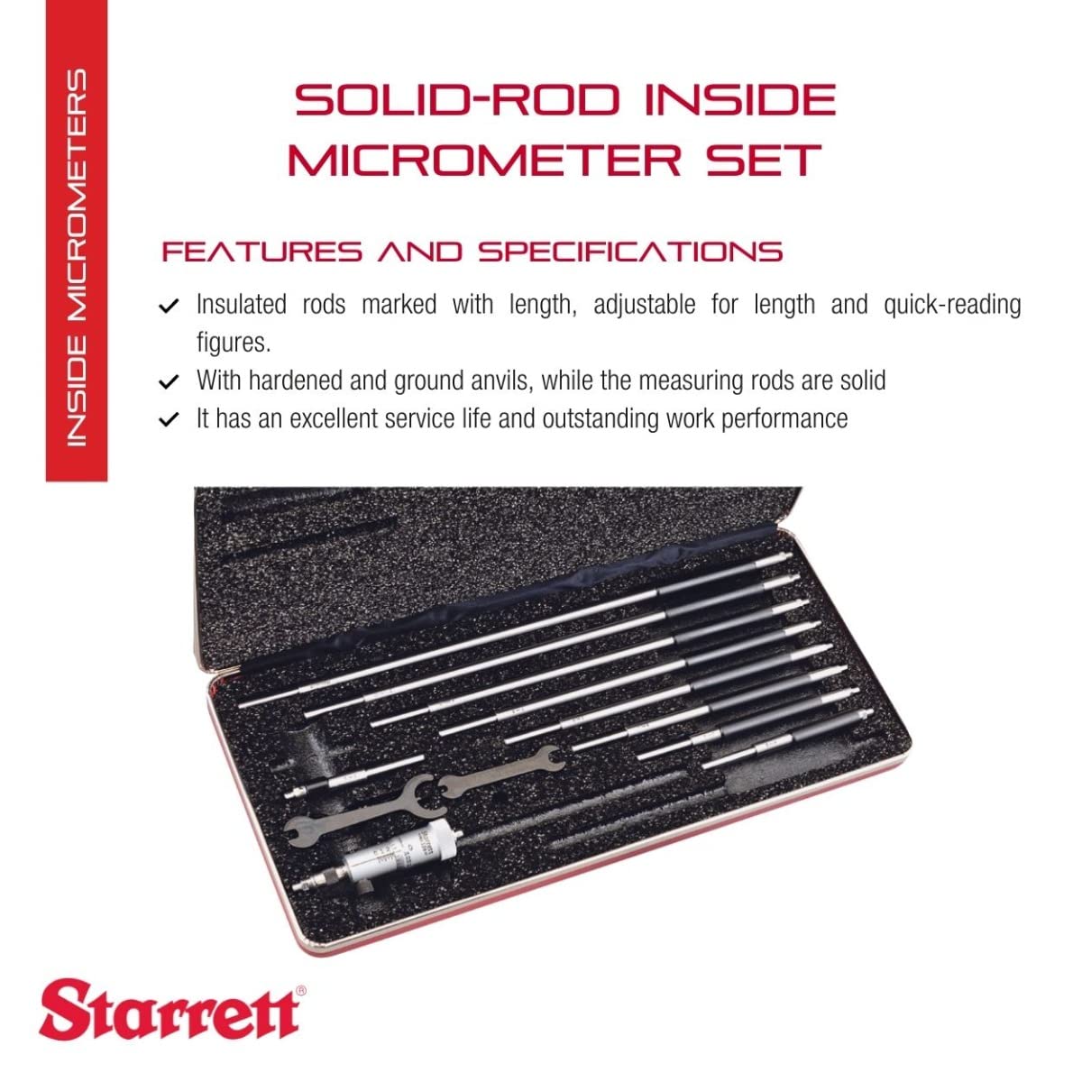 Starrett 124BZ - Juego de micrometros interiores de varilla sólida, rango de 2 – 12 pulgadas, graduación de 0,001 pulgadas, precisión de +/-0,0001 pulgadas, con funda