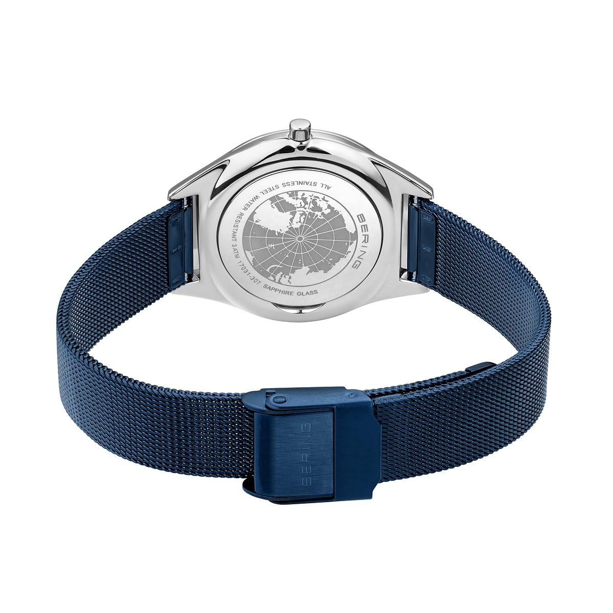 BERING 17031-307 Reloj de cuarzo unisex con caja de acero inoxidable plateado de 31 mm y esfera azul, correa milanesa, cristal de zafiro y resistencia al agua de 3 ATM