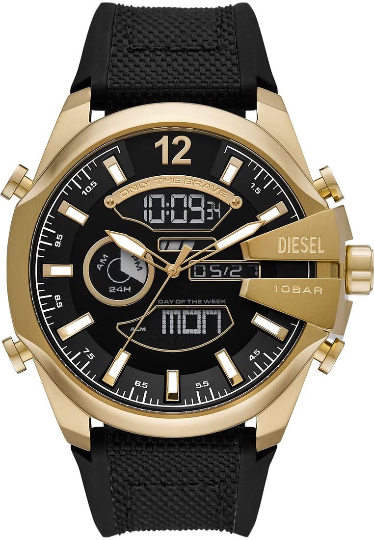 Diesel Reloj Mega Chief para Hombre, movimiento Ana-Digi con correa de silicona, acero inoxidable o piel, 51 mm, Tono dorado y negro
