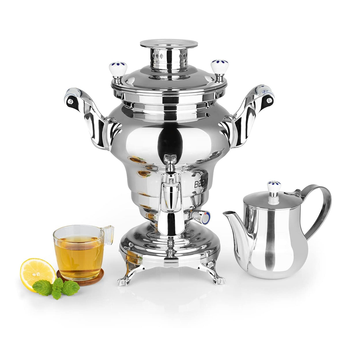 BEEM Odessa + samovar – 3 l | acero inoxidable | tetera turca eléctrica | 1800 W | 1 l tetera de acero inoxidable con colador | hervidor de agua de 3 l | dispensador con una sola mano