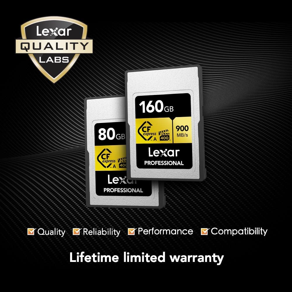 Lexar Tarjeta de Memoria Profesional CFexpress Tipo A Gold Series de 160 GB, hasta 900 MB/s de Lectura, Video 8K de Calidad cinematográfica, clasificada VPG 400 (LCAGOLD160G-RNENG)