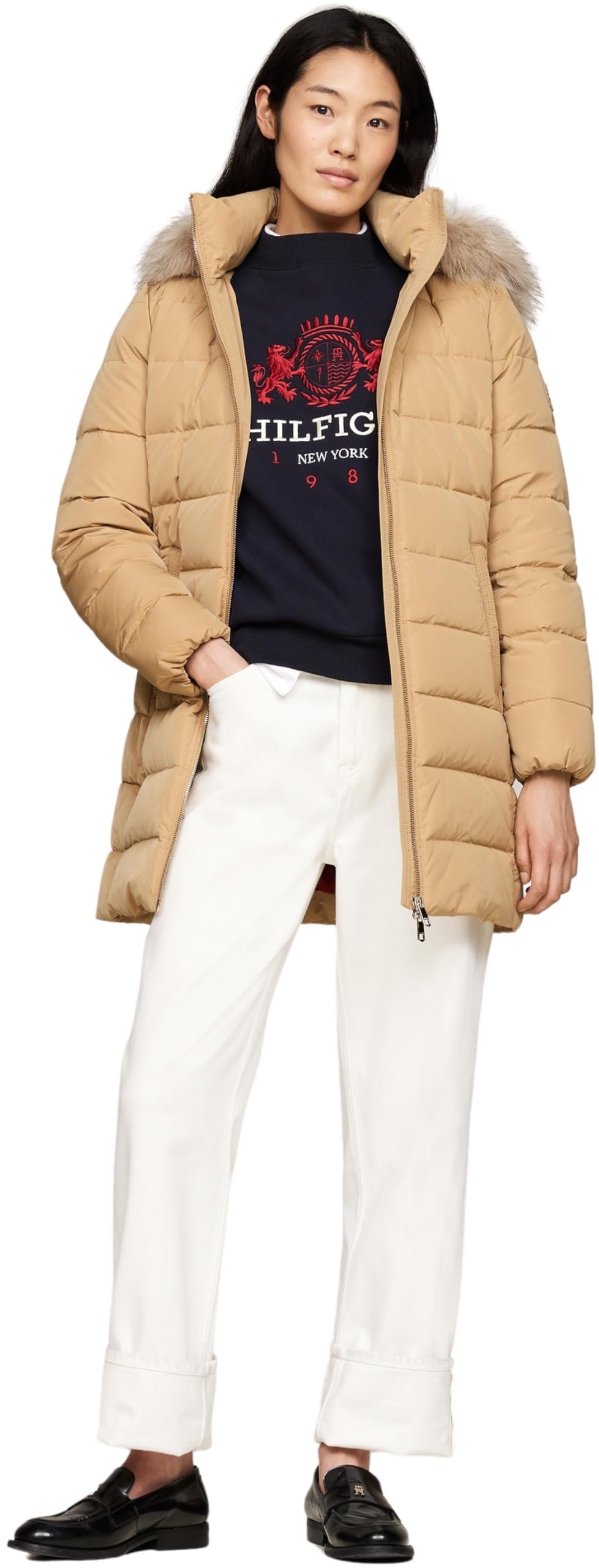 Tommy Hilfiger Abrigo de Plumas Mujer Heritage Down Tyra Coat With Fur con Bolsillos, Verde (Classic Khaki), M