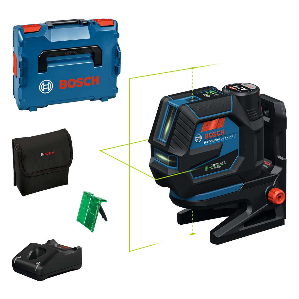 Láser combinado GCL 12V-50-22 CG de Bosch Professional (alcance de hasta 50 m con receptor, doble fuente de alimentación, soporte RM 20, GBA 12V 2.0Ah, GAL 12V-40, funda, L-Boxx 136)