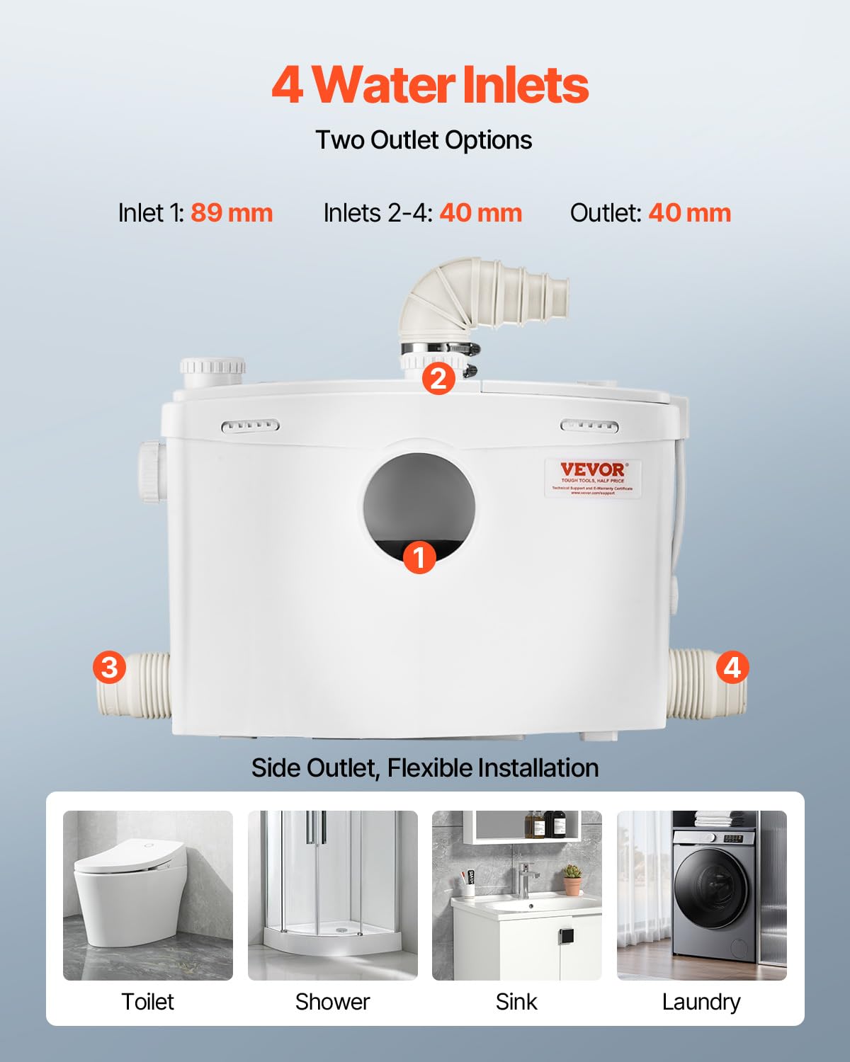 VEVOR 1200 W Bomba Trituradora para Inodoro con 4 Entradas de Agua, Caudal de 48 GPM, Altura de 10 m, Máquina de Descarga Ascendente para Eliminación de Aguas Residuales para Inodoro, Lavabo y Bañera
