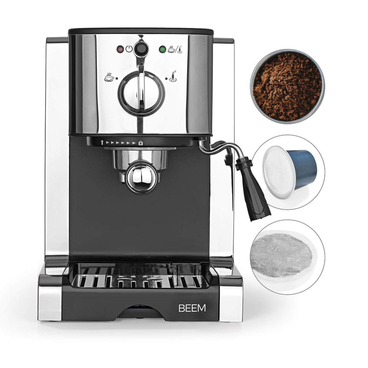 BEEM Máquina de café espresso ESPRESSO-PERFECT | Máquina de café espresso de 20 bares | Para cápsulas, polvo&Pads | Con boquilla de espuma de leche para especialidades de café como las del barista