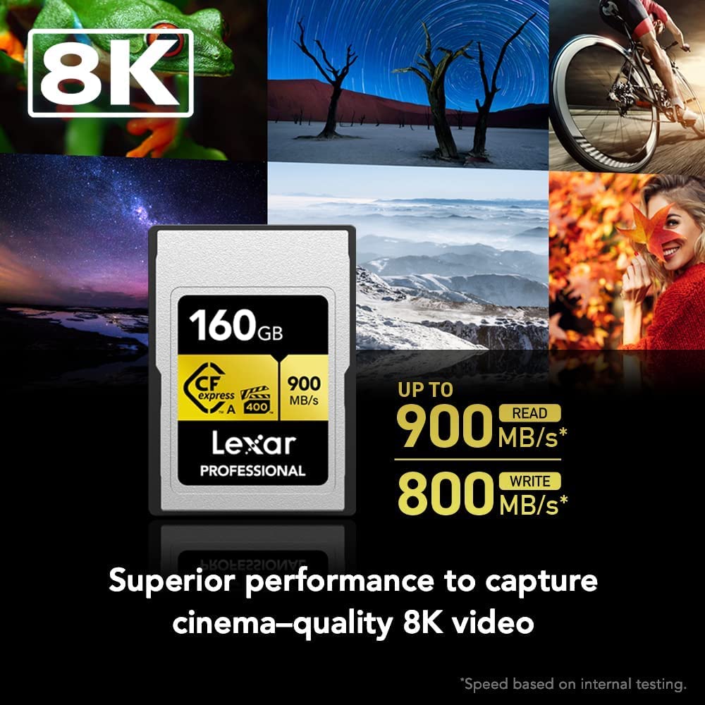 Lexar Tarjeta de Memoria Profesional CFexpress Tipo A Gold Series de 160 GB, hasta 900 MB/s de Lectura, Video 8K de Calidad cinematográfica, clasificada VPG 400 (LCAGOLD160G-RNENG)