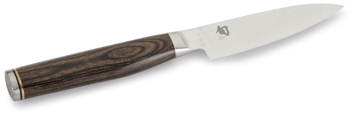 KAI Shun Premier Tim Mälzer Cuchillo de oficina japonés con hoja de 10 cm - Núcleo VG-MAX 61 (±1) HRC, 32 capas de Damasco pulido - Mango de madera de Pakka color marrón medio -Hecho en Japón