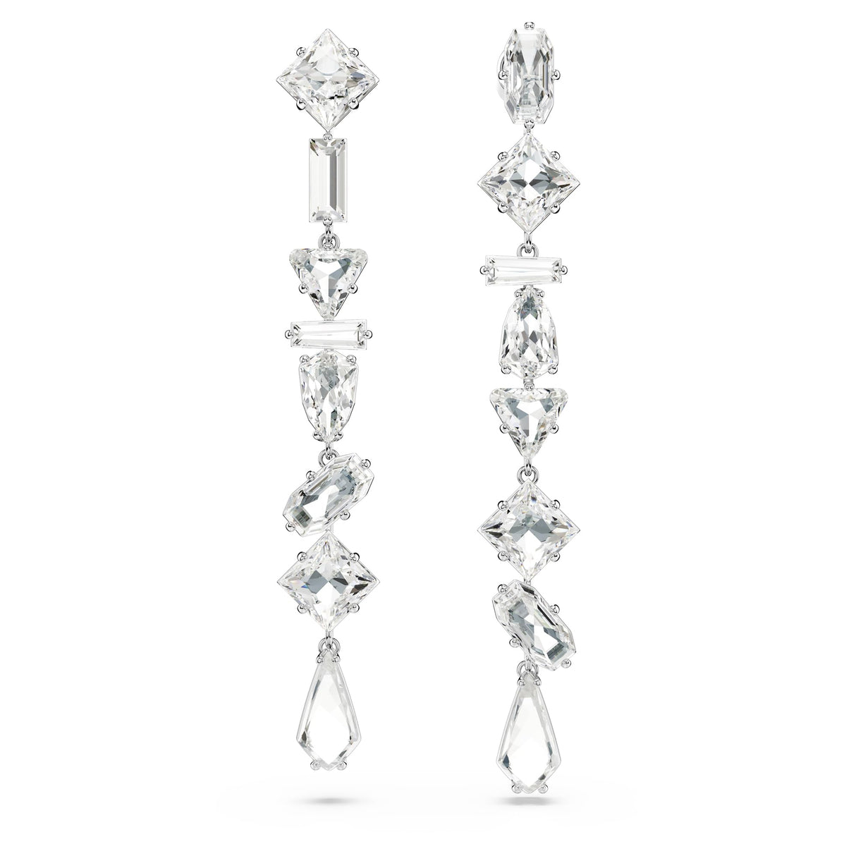 Swarovski Pendientes Mesmera, Diseño asimétrico, Tallas mixtas, Largos, Blancos, Baño de rodio
