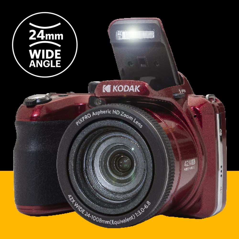 KODAK Pack Digital Bridge Pixpro Astro Zoom AZ425 + Tarjeta SDHC de 32 GB – Cámara de 20 MP, Zoom Optico de 42x, Gran Angular, Pantalla LCD de 3", Video Full HD 1080p, Batería de Litio-Ion – Rojo
