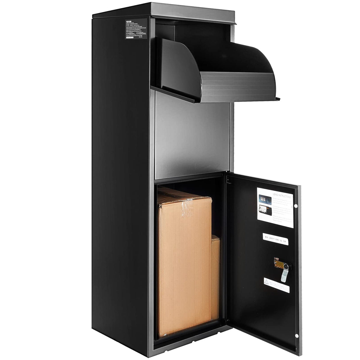 VEVOR Buzón para Paquetes 35,5x29,5x105,5 cm Buzón de Acero Galvanizado Código Bloqueable de Pie Deflector de Montaje en Suelo Antirrobo Extraíble Impermeable IPX3 Depósito de Paquete para Casa Porche