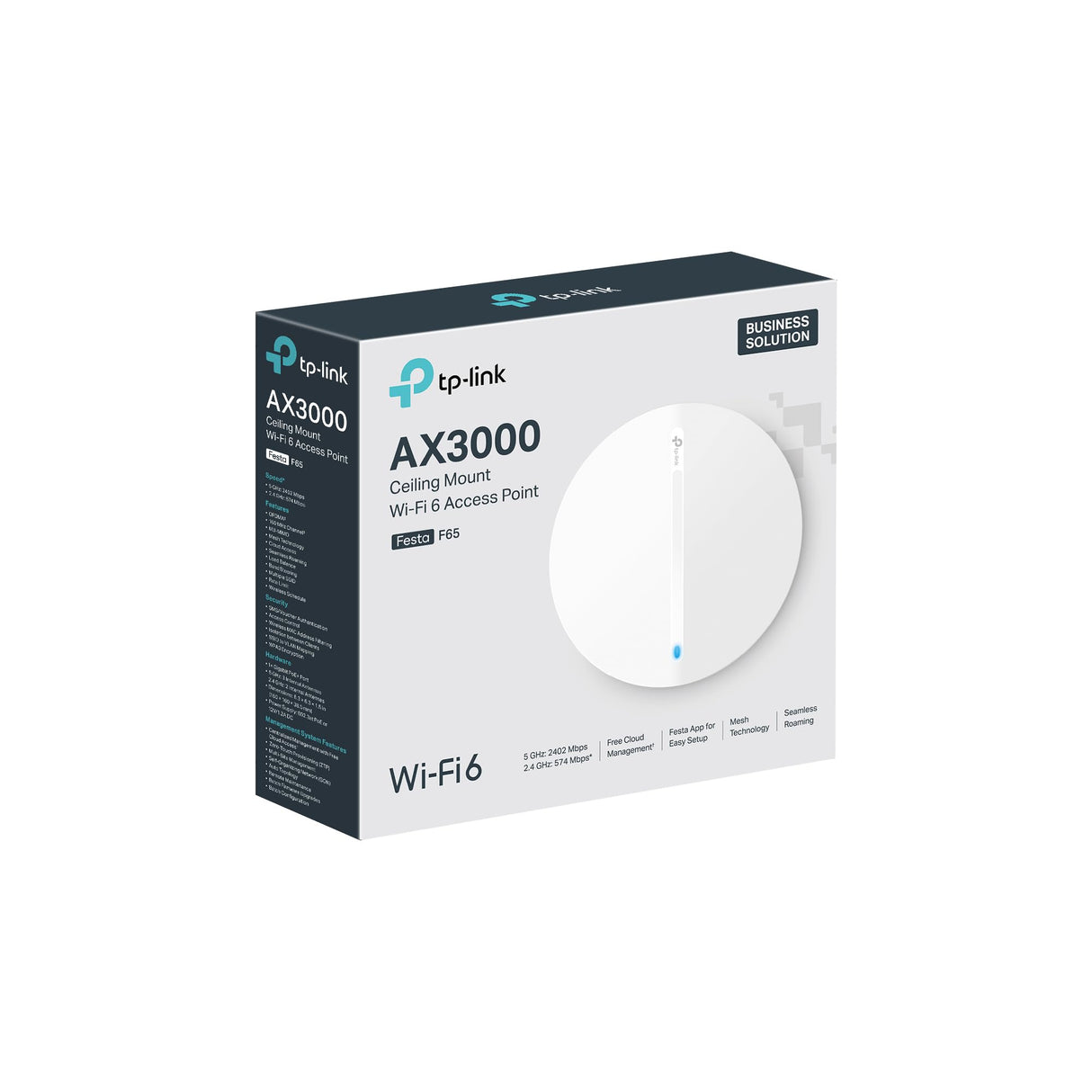 TP-Link Festa F65 Punto de Acceso WiFi 6 Dual-Banda AX3000, Montaje en Techo, 1× Puerto PoE Gigabit, Gestión centralizada en la Nube Gratuita, Configuración y Uso fáciles, sin Necesidad de IT