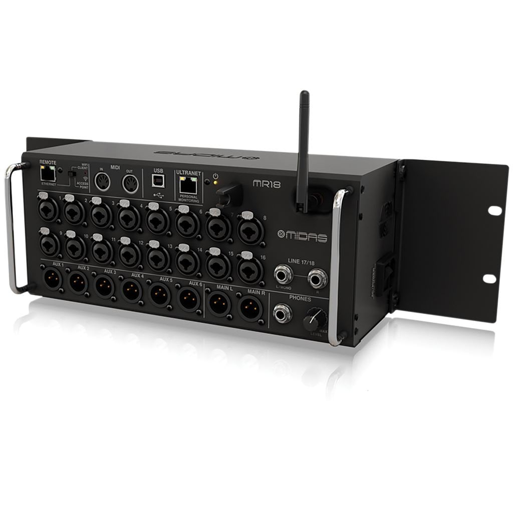 Mezclador digital Midas MR18 de 18 entradas para tabletas iPad/Android con 16 preamplificadores Midas PRO, módulo Wifi integrado e interfaz de audio USB multicanal