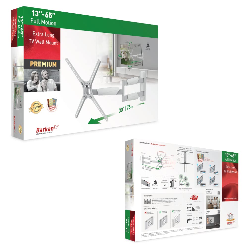 Barkan Soporte TV de Pared 76cm de Largo Blanco Inclinable y Giratorio, Articulado para Pantallas de 13-65 Pulgadas, Peso máximo 36Kg, Ultra Extensible, para LED OLED LCD, hasta VESA 400x400