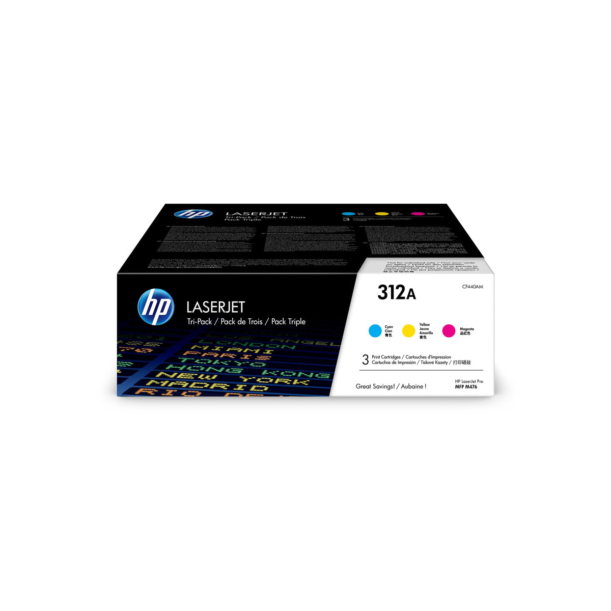 HP 312A CF440AM, Cian, Magenta y Amarillo, Cartucho Tóner Original, Pack de 3, para impresoras HP LaserJet Pro serie 400 color MFP M476