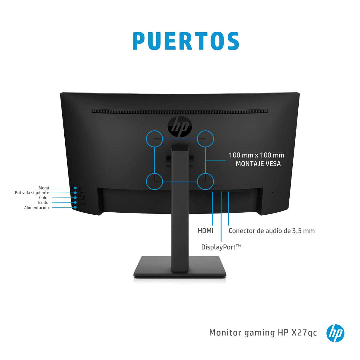 HP X27qc – Monitor Gaming de 27" Quad HD (2560 x 1440 a 165Hz, VA, Curvatura 1500R, 16:9, 1ms, HDMI, Low Blue Light, Antirreflectante, AMD Freesync Premium, Compatible con Consolas) Negro