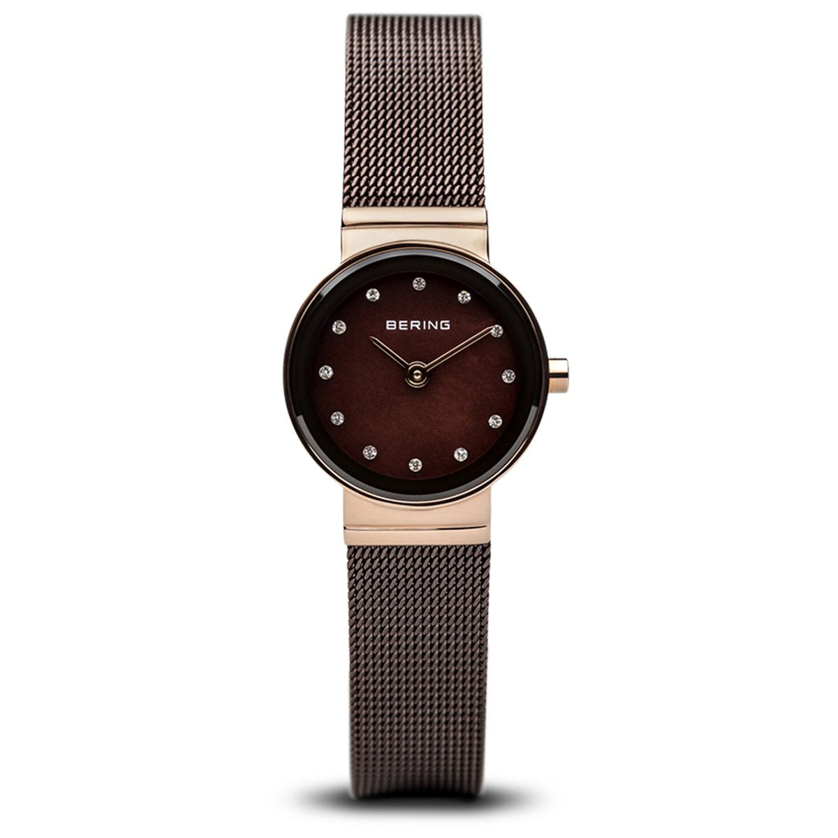 BERING 10122-265 Reloj de cuarzo para mujer con caja de acero inoxidable de 22 mm con acabado en oro rosa y esfera marrón, correa milanesa, cristal de zafiro y resistencia al agua de 3 ATM
