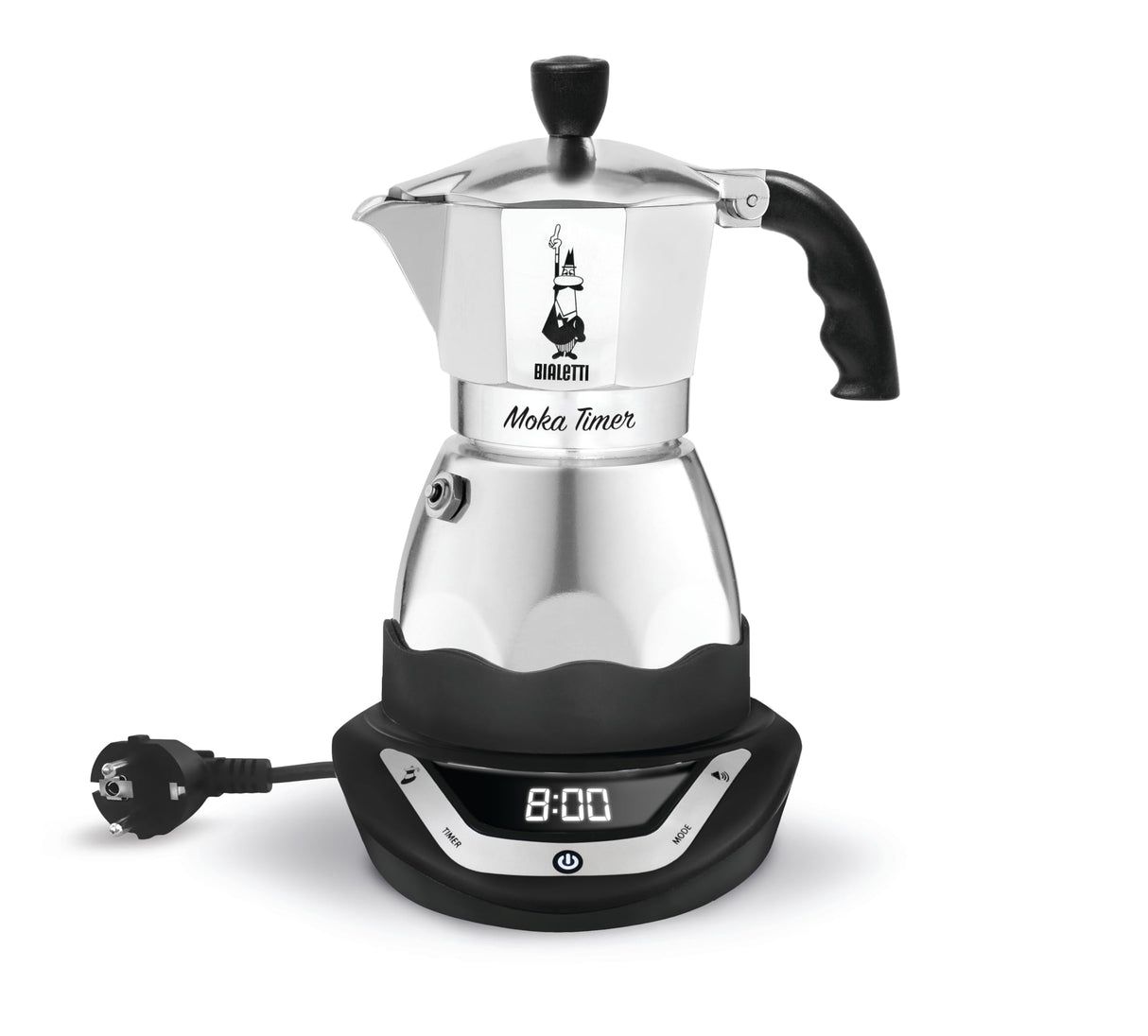 Bialetti Eléctrico Moka Temporizador, Capacidad por 6 Carribas, 365W, Plata / Negro