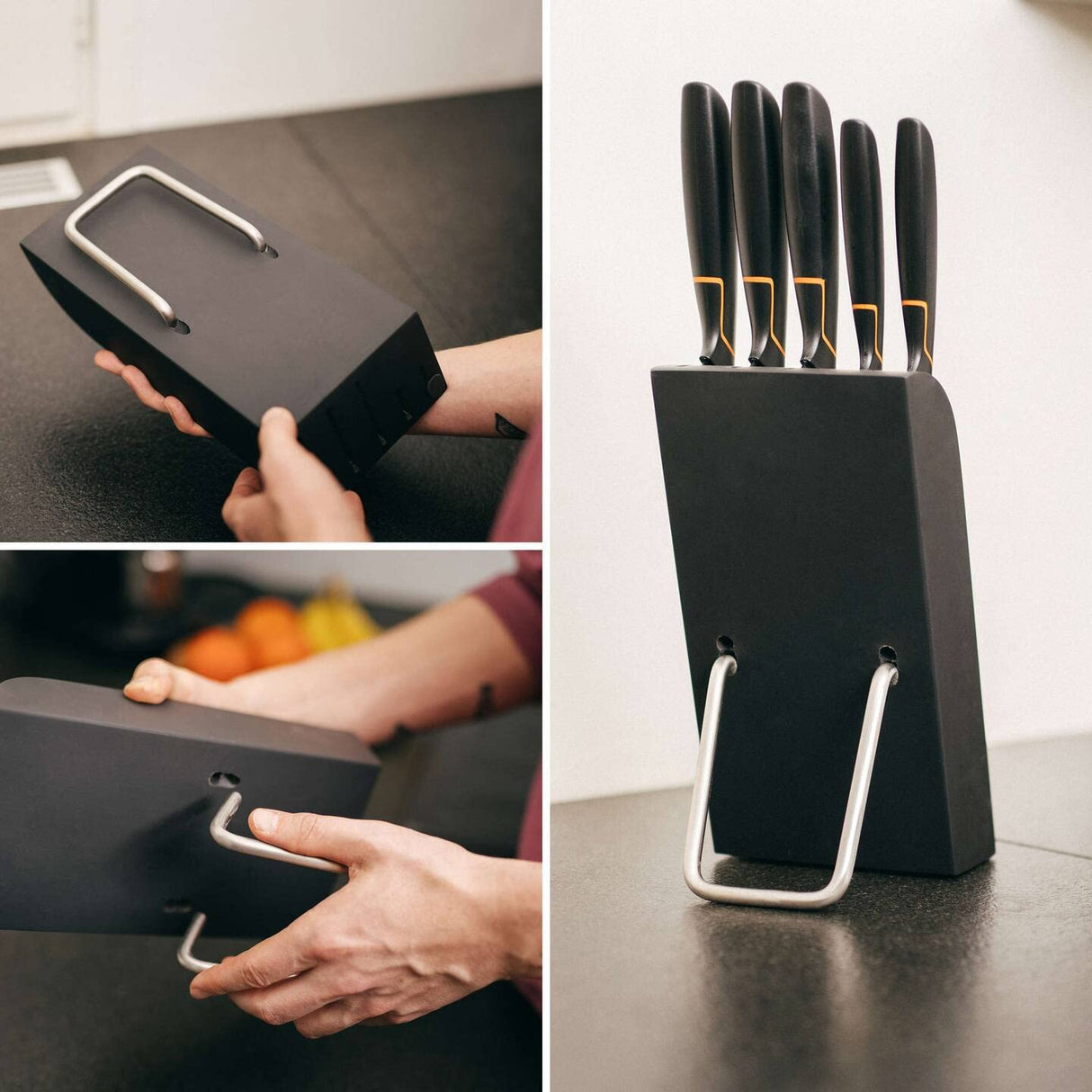 Fiskars Bloque de cuchillos con 5 cuchillos, Ancho: 15,5 cm, Alto: 37 cm, Madera de abedul, Negro, Edge, 1003099