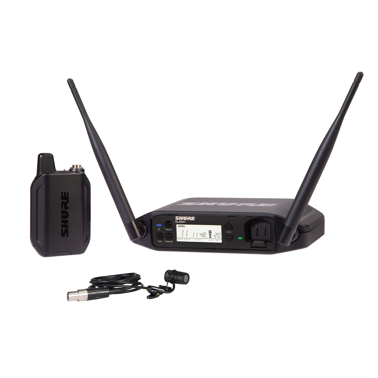 Micrófono inalámbrico Shure GLXD14+/85 con batería de 12 Horas y Alcance de 30m. Incluye micrófono de Solapa WL185 y Receptor de Canal único para entrevistas, presentaciones y Teatro.