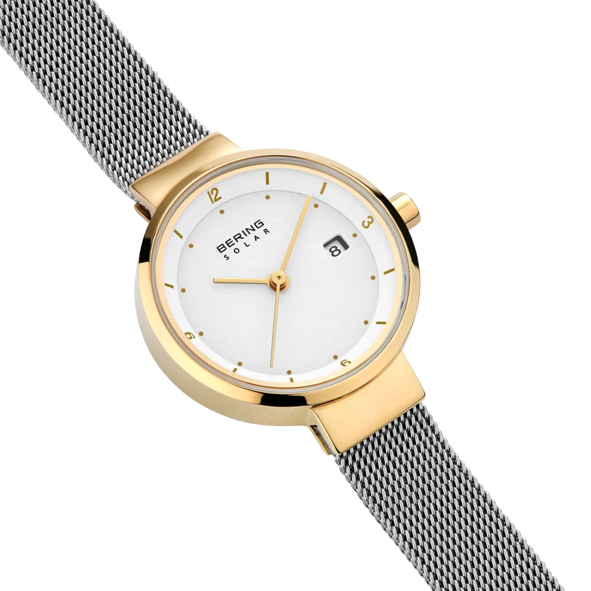 BERING 14426-010 Reloj solar para mujer con caja de acero inoxidable de 26 mm con acabado dorado y esfera blanca, correa milanesa, cristal de zafiro y resistencia al agua de 5 ATM