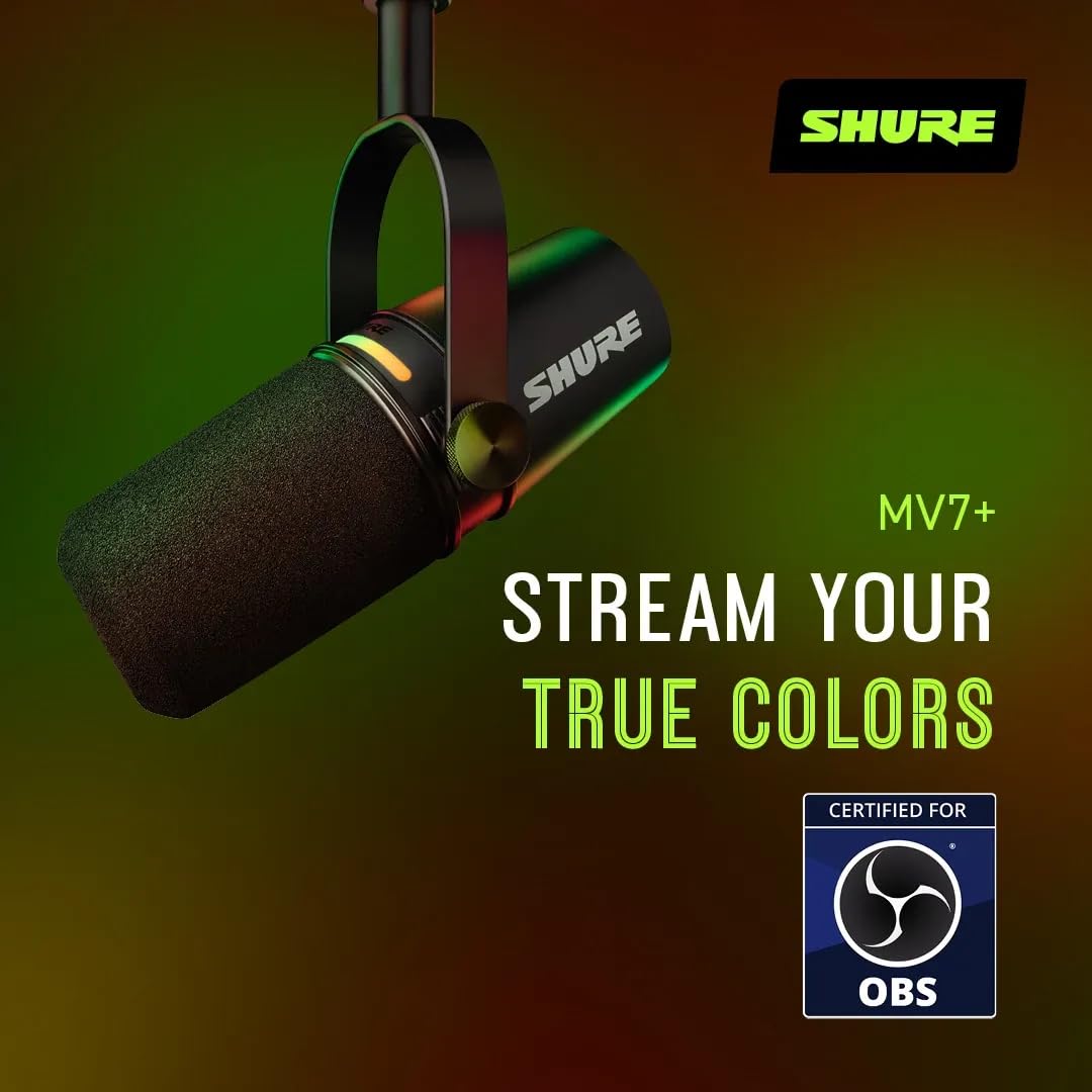 Shure MV7+ Podcast Mikrofon-Verbessertes Audio, LED-Touchpanel, USB-C- und XLR-Ausgänge, Auto-Level-Modus, digitaler Pop-Filter, Halleffekte, Podcasting, Streaming, Aufnahme - Schwarz