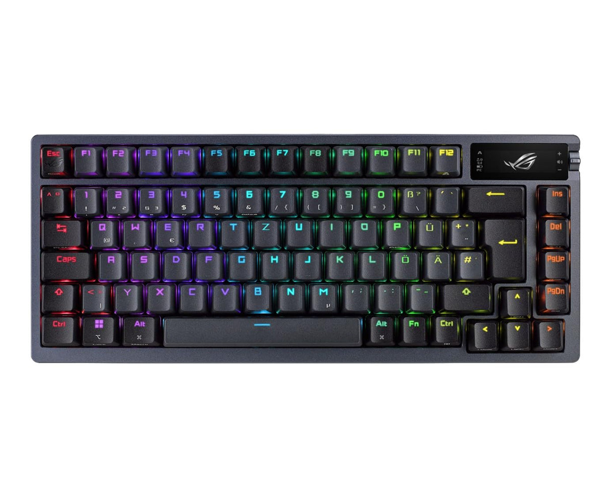 ASUS ROG Azoth Teclado mecánico inalámbrico para Juegos (Factor de Forma 75%, interruptores ROG NX, Teclas PBT Doubleshot, Pantalla OLED, Bluetooth, 2,4 GHz RF inalámbrico, USB, disposición QWERTZ)