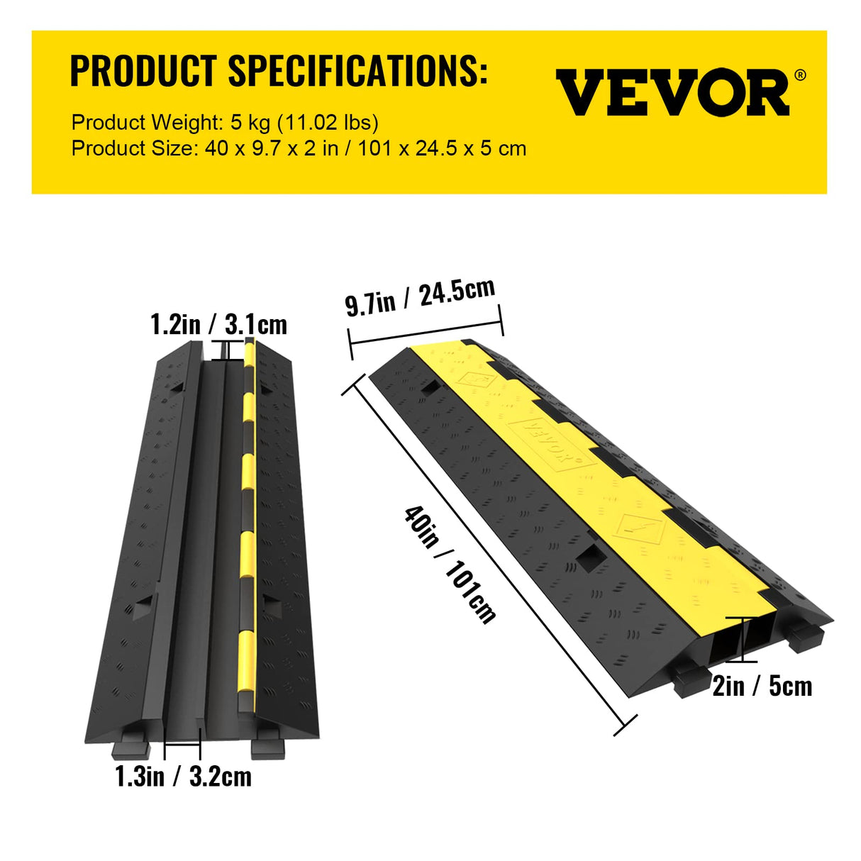 VEVOR Rampa de Protección de Cable 5 Piezas 2 Vías Canaleta Pasacables de Suelo 3,2x3,1cm Protector de Cables Caucho y PVC Capacidad de Carga 4,989kg Cubiertas de suelo para Cables Negro y Amarillo