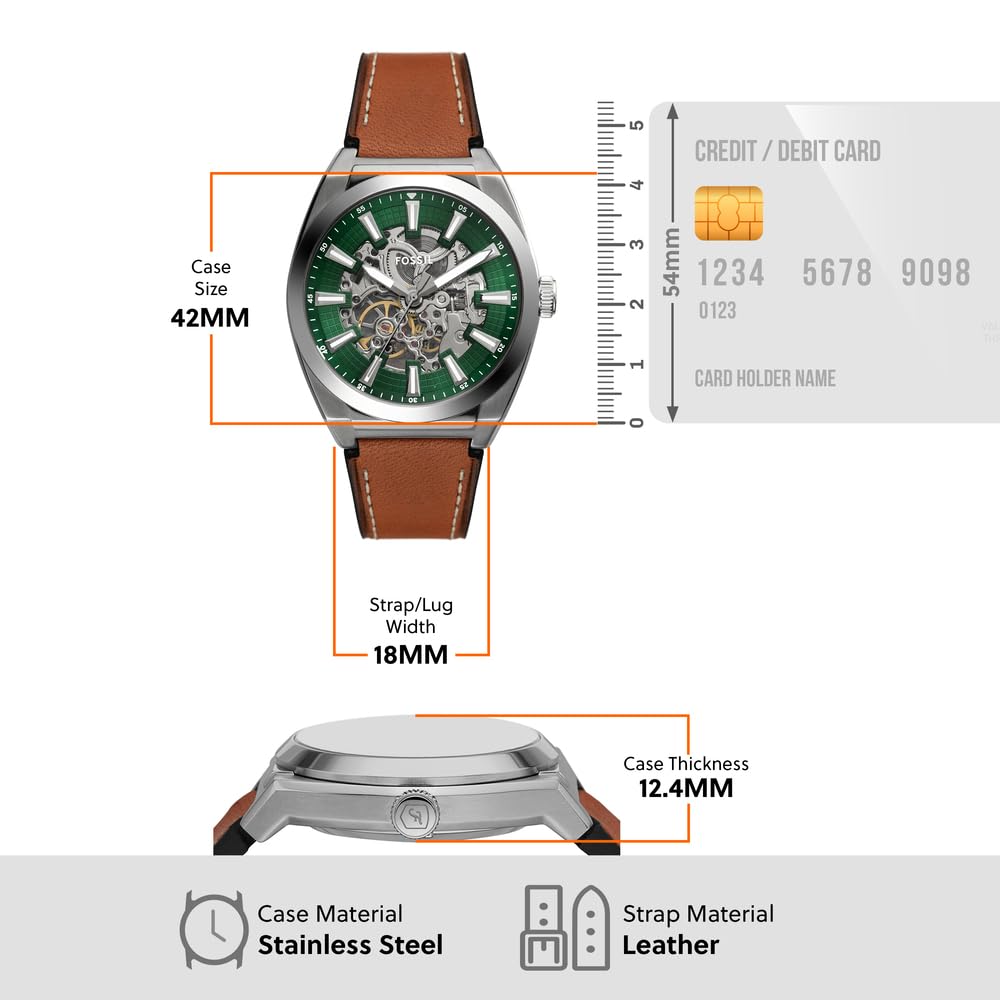 Fossil Reloj Analógico para Hombre de Automático con Correa en Cuero ME3261, Verde Esmeralda