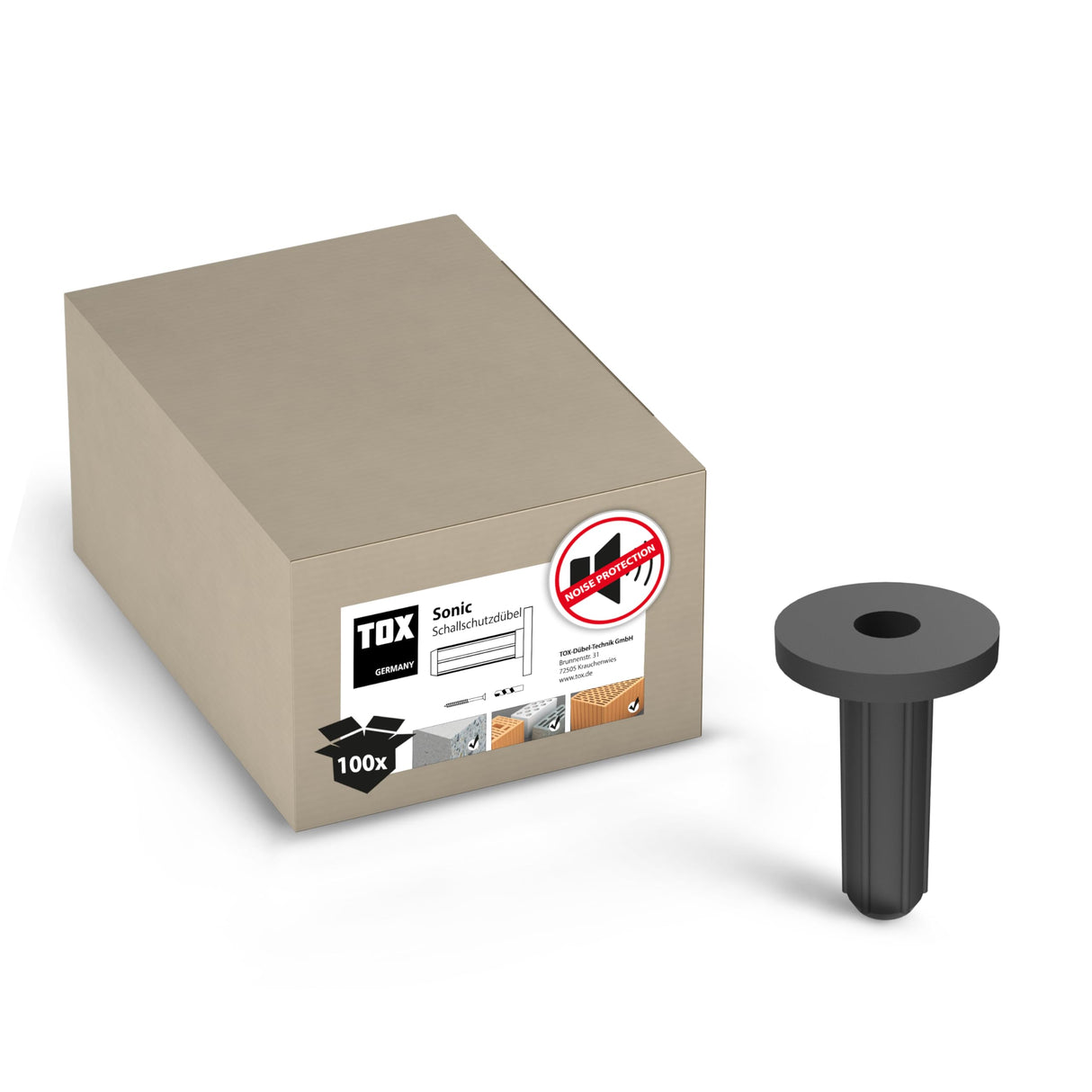 TOX tacos insonorizantes con collar Sonic KB 10/30, tacos insonorizantes con revestimiento de goma, para subestructuras y construcciones insonorizantes, 100 unidades por caja, 018100102