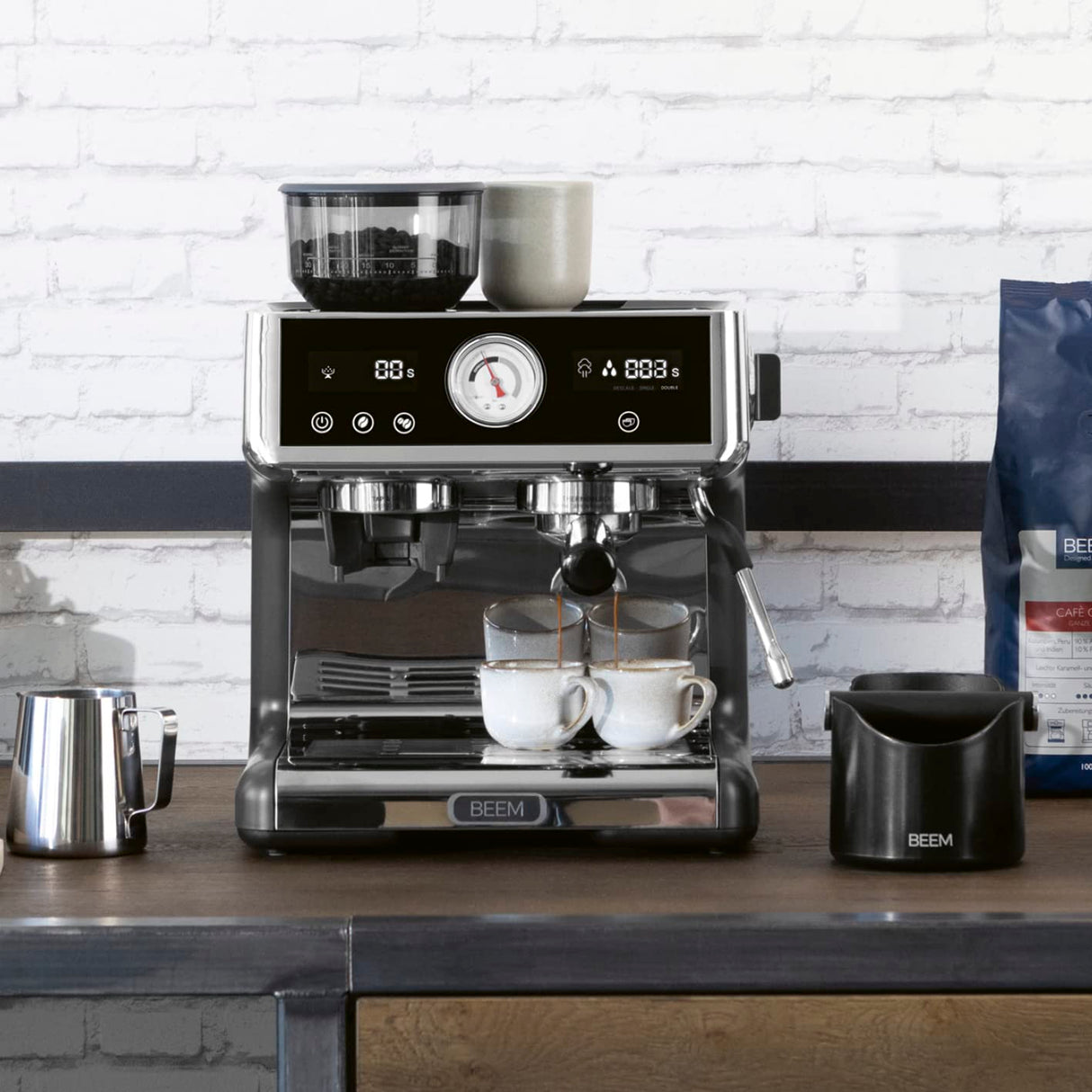 BEEM ESPRESSO-GRIND-EXPERT Colador Espresso Premium con Molinillo | 2 Termobloques para la Preparación simultánea de Espresso y Microespuma de Leche | Display de Extracción y Molido