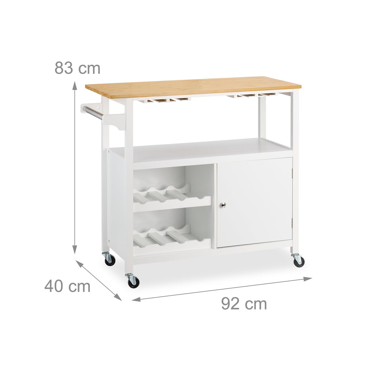 Relaxdays Carrito Auxiliar de Cocina, Botellero, Portacopas, con Puerta, Toallero, 83x92x40 cm, Bambú, Blanco/Natural, Nailon, Tablero de Fibras