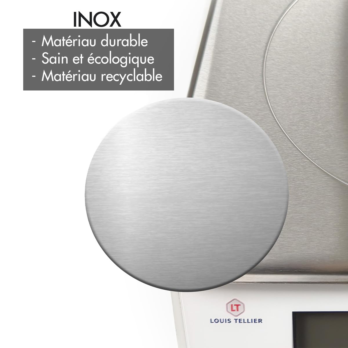 LOUIS TELLIER - Balanza Electrónica Profesional - 5kg - IP53 - Precisión 0,5 g - Bandeja Extraíble de Acero Inoxidable - Cocina - Panadería - 22 x 16,5 cm