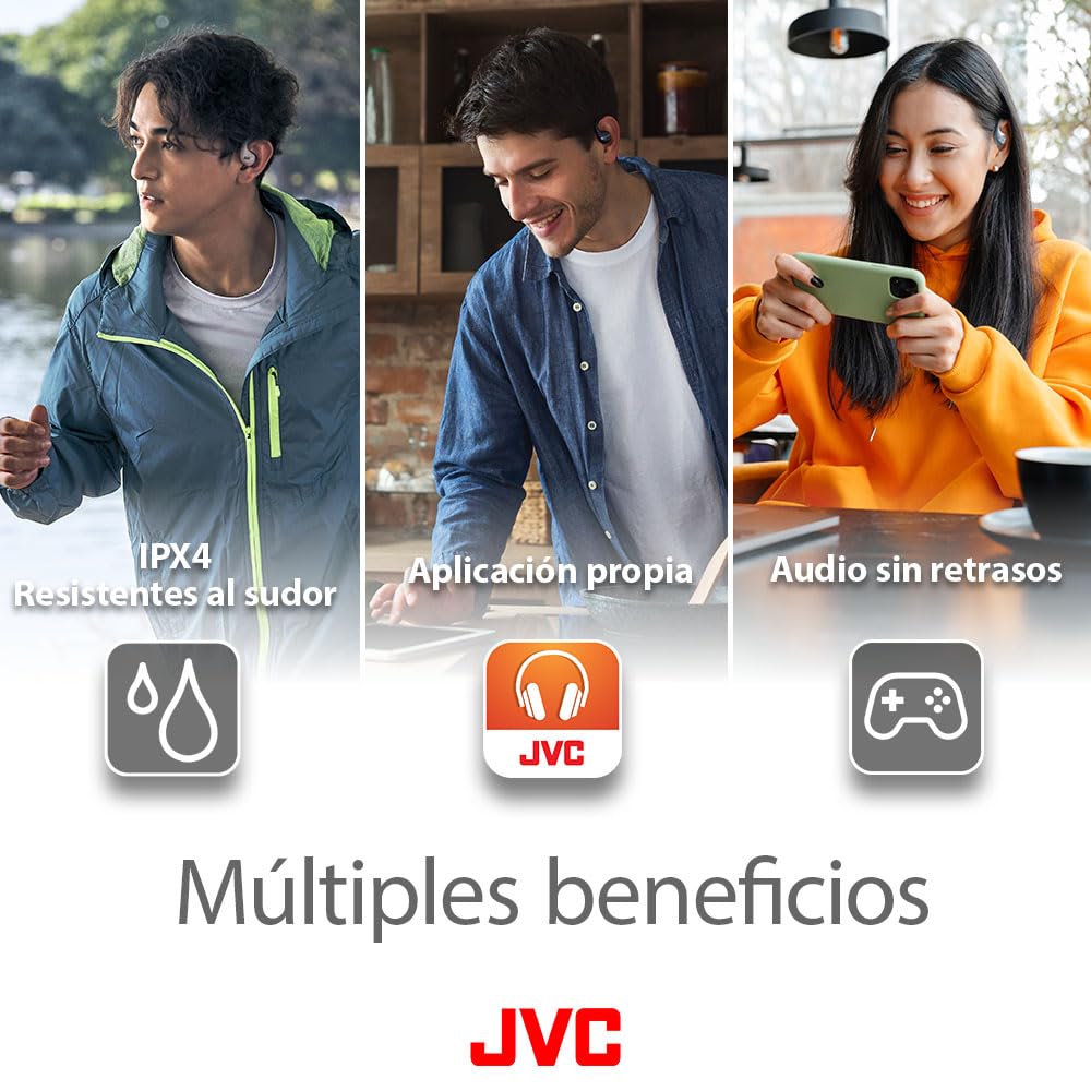 JVC Auriculares Inalámbricos Deportivos 38h de Batería, Sonido, Oido Abierto, Resistentes al Agua IPX4, Doble Micro, Ideales para el Deporte, Cascos para Correr