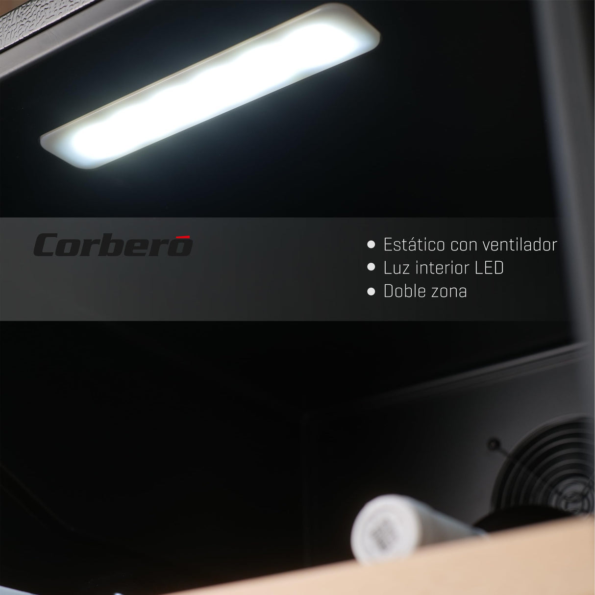 Corberó - Vinoteca CFKWC91SWDZ | 200L | 91 Botellas | Estático Con Ventilador | Doble Zona | Nevera para vino con Luz LED | 4 Estantes de Madera | 45Db | Negro Puerta Cristal