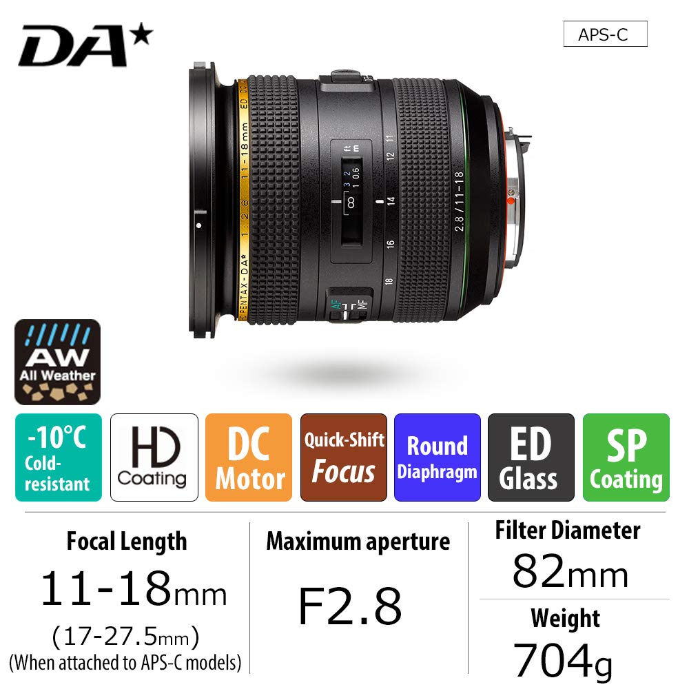 HD Pentax-DA 11-18mmf2.8Ed DC AW Zoom Ultra Gran Angular de 17-27,5mm (Equivalente en 35 mm) Resistente Al Clima Fotos Nítidas y con Un Alto Contraste Sin Reflejos Ni Efecto Fantasma AF Silencioso