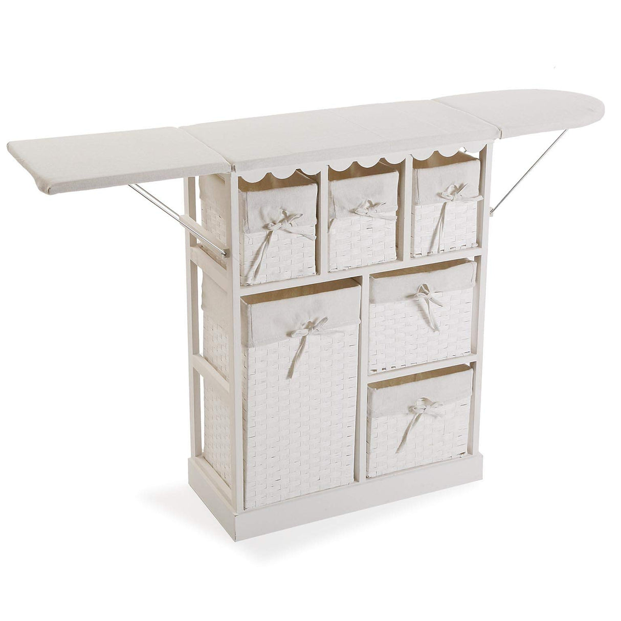 DRW Mueble planchador Grande con alas abatibles y cestos de Mimbre Blanco 130.5x30.5x86.5 cm