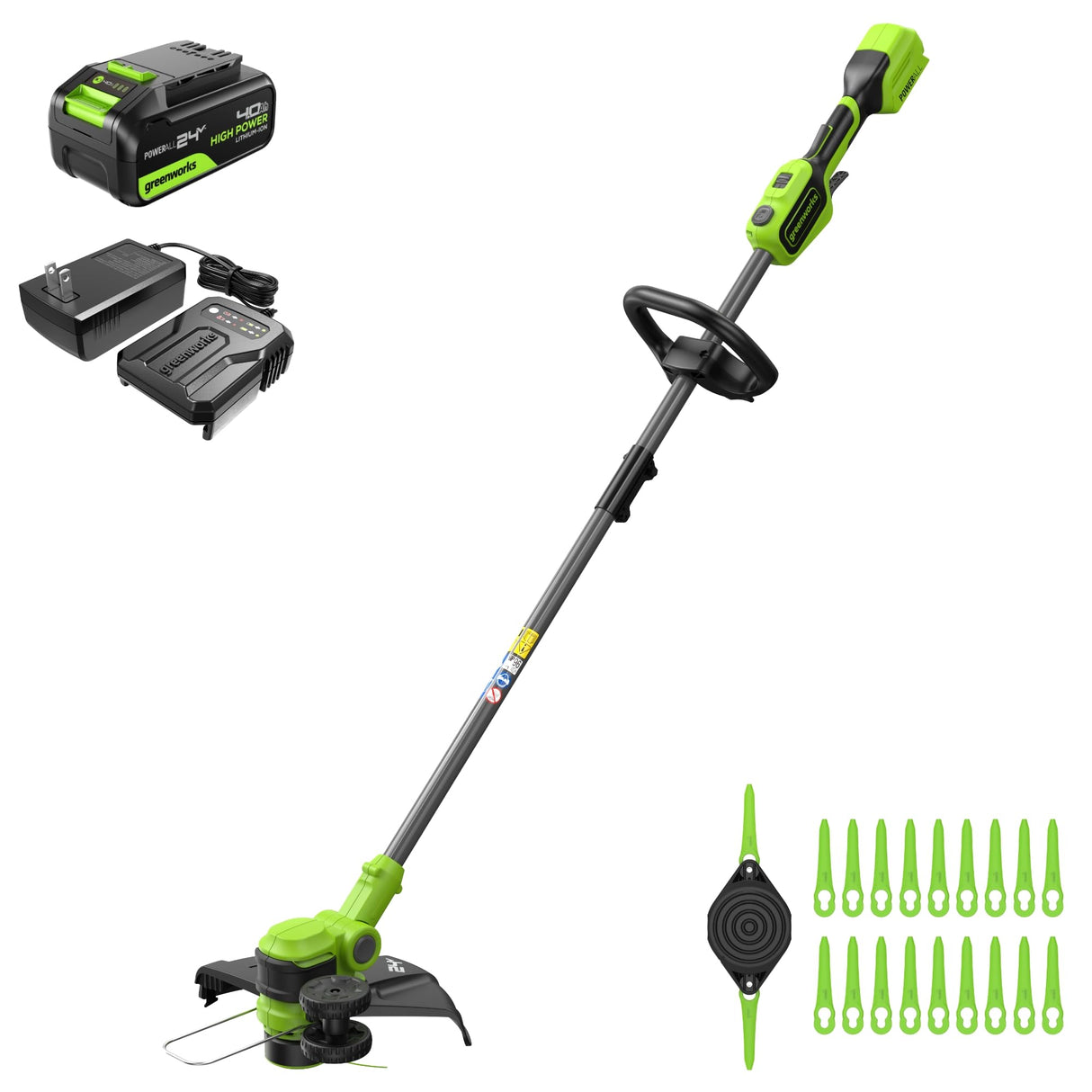 Greenworks 24V desbrozadora bateria, 33 cm de Ancho de Corte, rotación de 90°, Incl. Carrete de Alambre y 20 Cuchillas de plástico, Incl. batería de 4.0 Ah y Cargador, GD24LT33K4