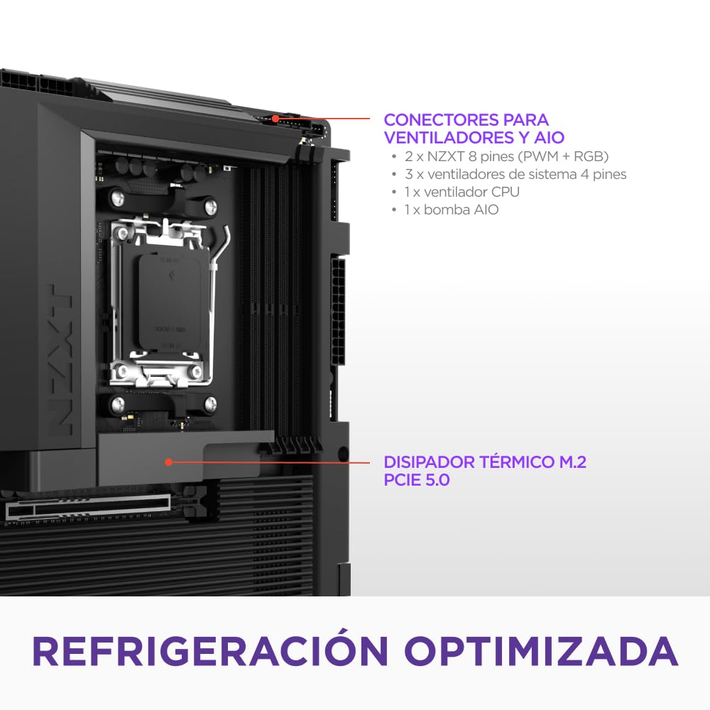 NZXT N7 B850 - Placa Base Gaming AMD B850 AM5 ATX para Ryzen 9000/8000/7000-16+2+1, DDR5, 3X M.2, PCIe 5.0, Wi-Fi 6E, LAN 2.5GbE, USB 4 – M.2 NVME con Cierre rápido – Cubierta Completa – Negro