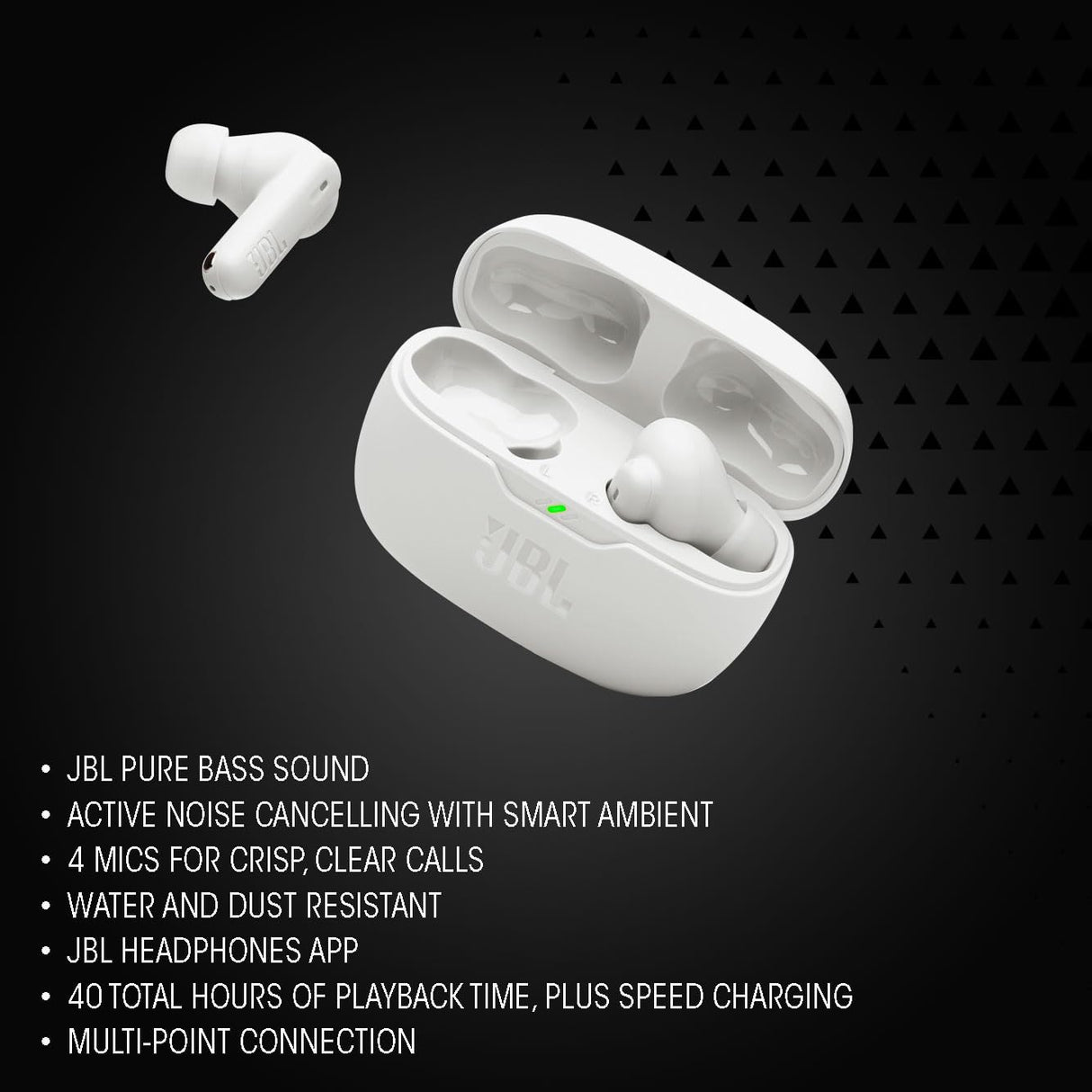 JBL Wave Beam 2, Auriculares True Wireless con cancelación de Ruido Activa, Bluetooth, hasta 40 hrs de autonomía, Sonido Pure Bass, Smart Ambient, Connexion multipunto, Blanco