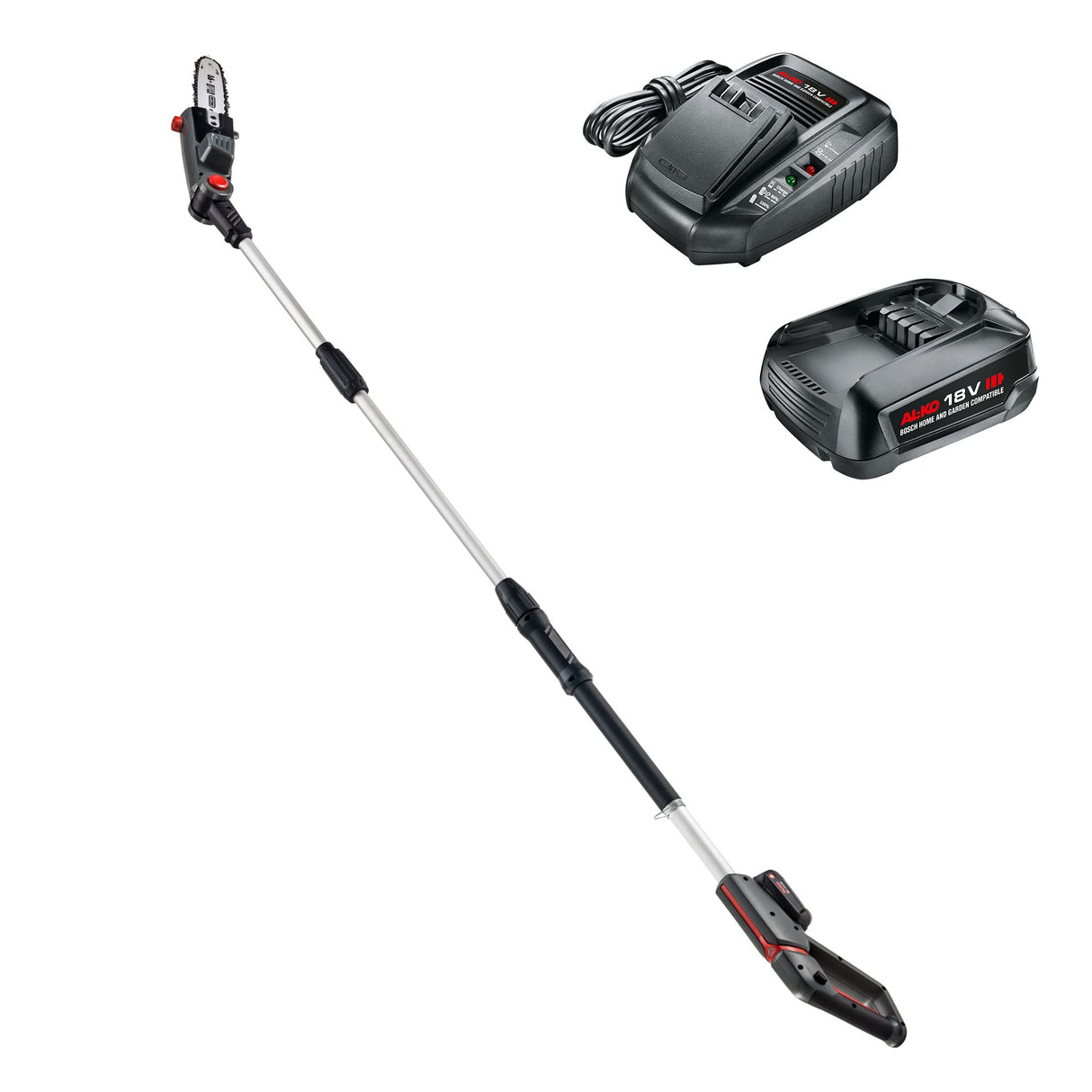 AL-KO Podadora CSA 1820, batería de ion de litio de 18 V (batería y cargador incluidos), 20 cm de longitud, 3,7 m/s, velocidad de la cadena, ajuste de ángulo de 125 grados.